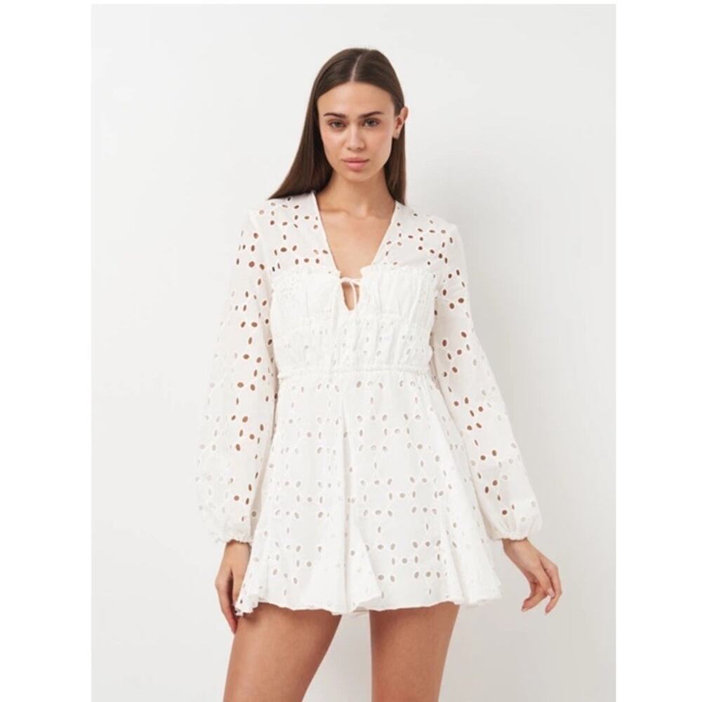 Zara White Eyelet Babydoll Mini Dress Womens XL Empire Waist Boho Festival - Picture 2 of 16